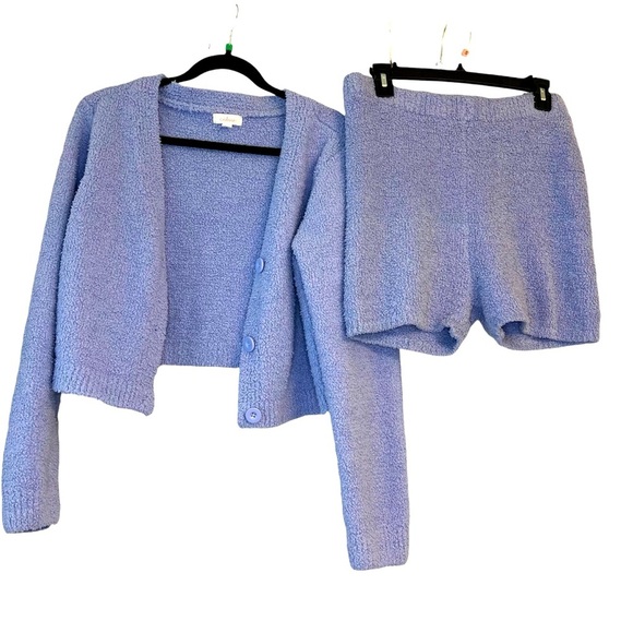 Colsie Purple Light Blue Oversized Teddy Fuzzy Cardigan Shorts Lounge Set L, XL - Picture 4 of 16